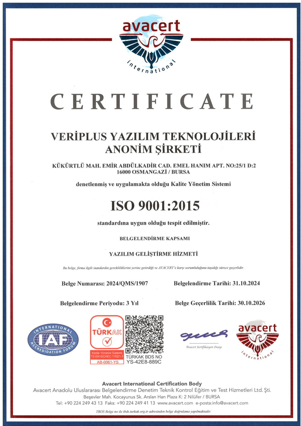 ISO 9001 Sertifikası